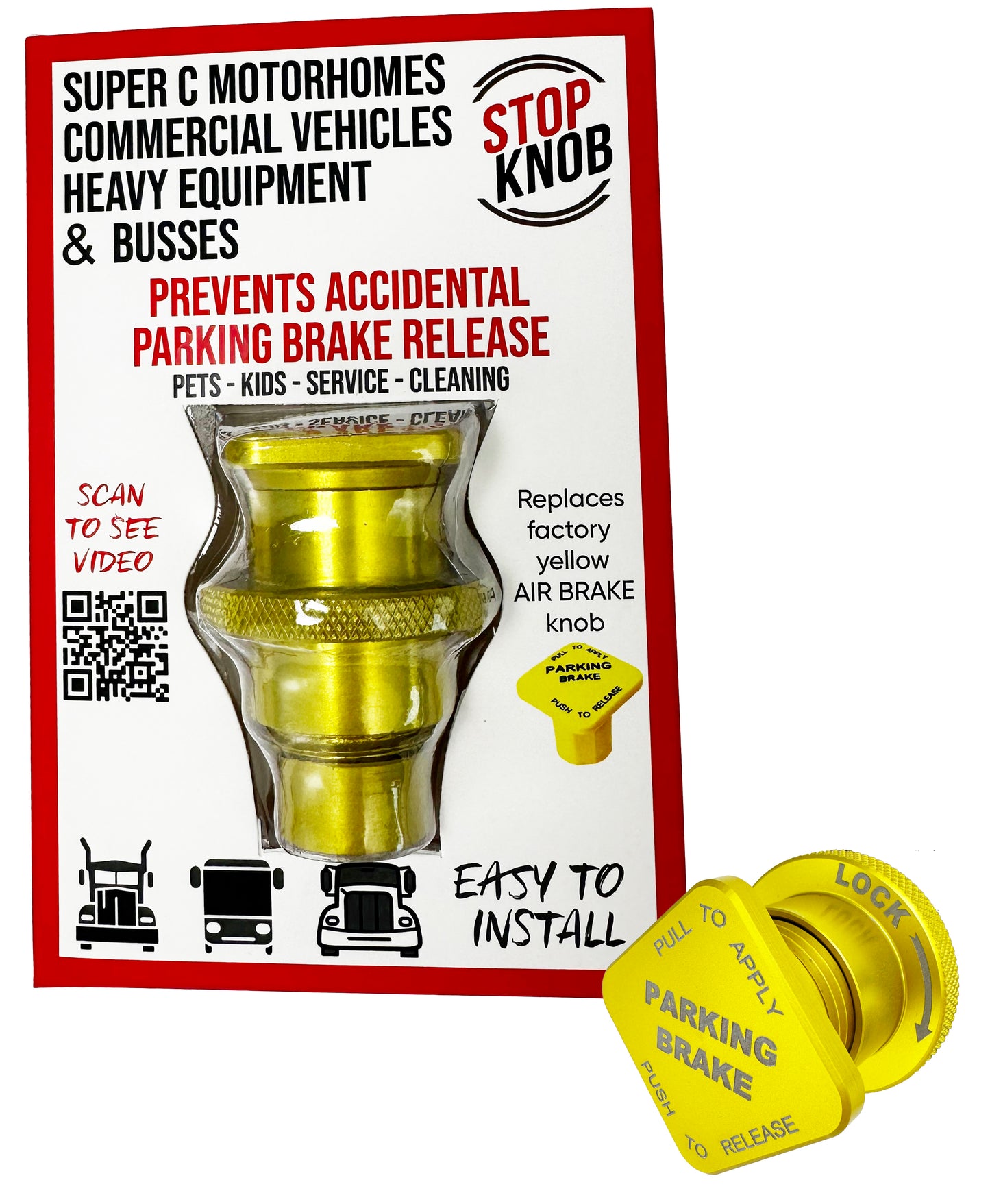 STOP KNOB Model SNCB1 Fits Super C Motorhomes, Commercial Trucks, Heavy Equipment, & Busses that have a yellow original manufacture Air Brake knob